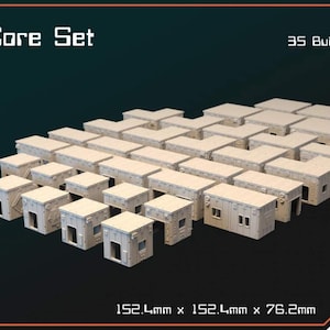 May include: A set of 35 white, plastic, modular buildings for tabletop gaming. The buildings are arranged in a staggered pattern and measure 192.4mm x 152.4mm x 76.2mm.