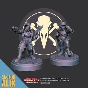 May include: Two gray miniature figurines of soldiers in gas masks and trench coats, holding guns. The figures stand on circular bases. The background features a white emblem with a bird skull and crossbones. Text at the bottom reads "Sector Alix" and "Redlight Expansion Pack".