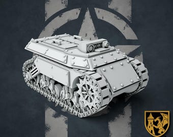 May include: A white plastic model of a tank with tracks and a turret. The tank is on a gray background with a star pattern.