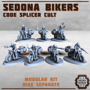 May include: A set of 7 grey 3D printed miniature figures of bikers riding motorcycles. The figures are part of a modular kit and are sold separately. The figures are labeled "Sedona Bikers Code Splicer Cult".