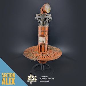 May include: A rusty orange and brown metal model of an old lighthouse with a circular base and a light on top. The lighthouse has a sign that reads "645RB".