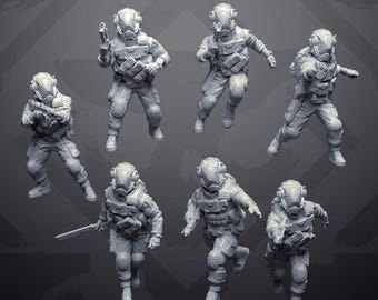 May include: Seven gray, detailed, plastic miniature figures of futuristic soldiers wearing helmets and holding weapons. The figures are posed in various action stances.