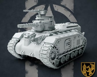 May include: A white, detailed model of a tank with a large cannon and tracks. The tank is on a gray background with a white circle and a black triangle.