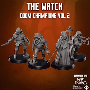 May include: Four gray miniature figures on black bases. The figures are of armored characters, including a knight with a sword, a figure with a gas mask, a robed figure with a cross, and a crossbow-wielding character. Text at the top reads "THE WATCH DOOM CHAMPIONS VOL 2."