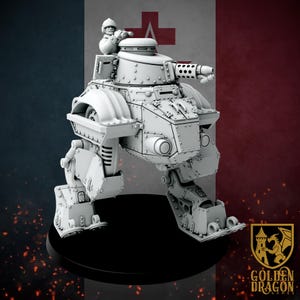 May include: A white, detailed, miniature, plastic model of a walking tank with a figure of a soldier on top. The tank has a large cannon and wheels on the sides. The model is on a black base.