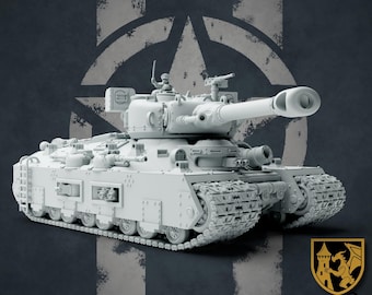 May include: A white, detailed model of a tank with a large cannon and a crew member in the turret. The tank is on a grey background with a faded star design.