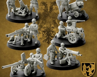 Könnte beinhalten: Miniaturfiguren von Soldaten mit Artilleriegeschützen und Maschinengewehren, auf schwarzen Sockeln. Die Figuren sind in einer neutralen Farbe gehalten und weisen detaillierte Uniformen und Ausrüstung auf. Das Golden Dragon-Logo befindet sich unten rechts.