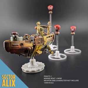 May include: A yellow and brown miniature mining boat with a red skull and crossbones flag on a white base. The boat is on a white base with a number dial. The boat is 12mm in scale.  SECTOR ALIX PIRATE // MINING BOAT + MINE WEAPON AND CHARACTER NOT INCLUDE 12MM/SCALE