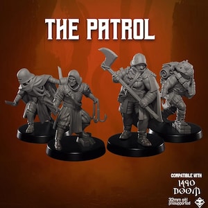 May include: Four gray miniature figures of warriors on black bases. The figures are in various action poses, with weapons including an axe, knives, and grappling hooks. The text "THE PATROL" is at the top of the image.