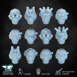 May include: A collection of light blue, modular, multi-shell, pre-supported and tested digital forge heads. The heads feature various helmet designs with integrated visors, goggles, and communication devices. Some heads have skull-like masks.
