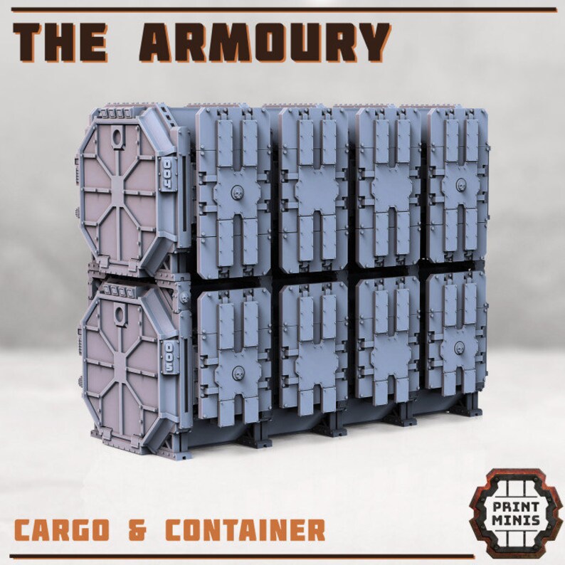 May include: A gray, modular, industrial-style cargo container with multiple doors and a label that reads "THE ARMOURY". The container is labeled "CARGO & CONTAINER" and has a logo for "PRINT MINIS".