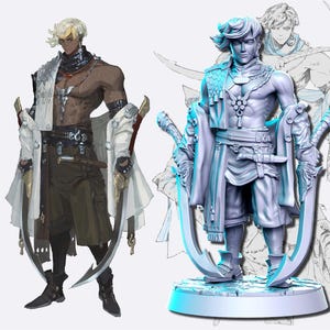 May include: A gray 3D printed miniature figurine of a person wearing a long white robe and holding two curved swords. The figurine is standing on a round base.