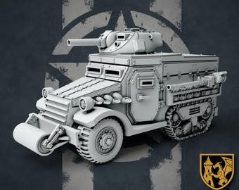 May include: A gray 3D printed model of a heavily armored, tracked vehicle with a large cannon mounted on top. The vehicle has a detailed design with multiple hatches and a rear-mounted machine gun. The model is set against a gray and white background.