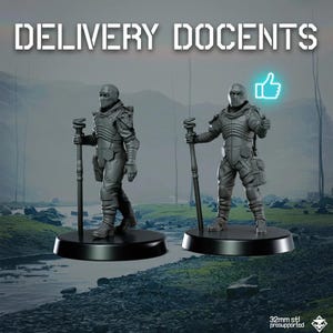 May include: Two gray, futuristic-looking figurines of armored figures with staffs, standing on black bases. The text "DELIVERY DOCENTS" is above the figures. One figure gives a thumbs-up with a glowing blue outline. The base is 32mm.