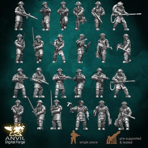 May include: A collection of miniature figurines of soldiers in gas masks and protective gear. The figures are in various poses, some holding rifles, swords, or tools. The figures are gray and appear to be made of plastic or resin. The logo "ANVIL Digital Forge" is in the lower left corner.