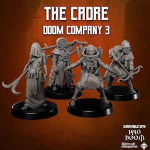 May include: Four gray miniature figures from "The Cadre Doom Company 3" are displayed on black bases. The figures include a hooded character with a staff, a figure with a circular head covering, a woman in a space suit, and a figure with a crossbow. The text "THE CADRE DOOM COMPANY 3" is at the top.
