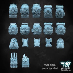 May include: A collection of light blue miniature backpacks and tactical gear. The image displays various designs, including backpacks with pouches, straps, and other attachments. The text "multi-shell" and "pre-supported" is visible. The Anvil Digital Forge logo is also present.