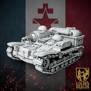 May include: A detailed, light gray model tank with a large gun barrel and multiple turrets. The tank has a track system and is set against a backdrop of a red star and a flag design. The Golden Dragon Games logo is in the lower right corner.