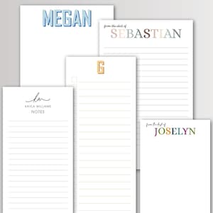 May include: Four different notepad designs with personalized names. The notepads are white with lined paper and feature the names "Megan", "Kayla Williams Notes", "Sebastian", and "Joselyn" in colorful letters.