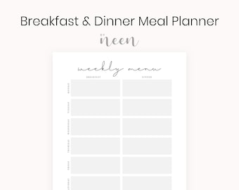 Ontbijt- en dinermenu afdrukbaar – minimalistisch menu · Eenvoudige menuplanner · Weekmenu digitale download · Maaltijdplanner downloaden