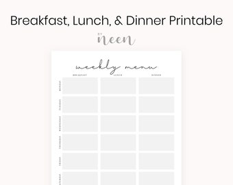 Ontbijt-, lunch- en dinermenu werkblad afdrukbaar – minimalistisch menu · Wekelijks menu digitale download · Eenvoudige menuplanner