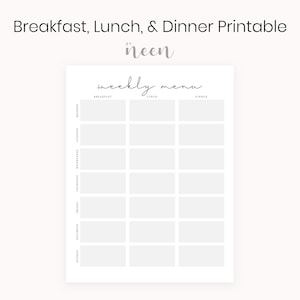 Frühstücks-, Mittags- und Abendmenü-Arbeitsblatt zum Ausdrucken – Minimalistisches Menü · Wochenmenü Digitaler Download · Einfacher Menüplaner