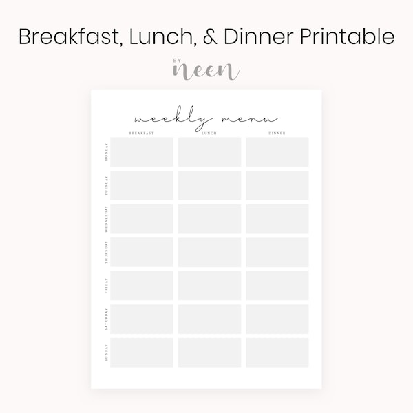 Breakfast, Lunch, and Dinner Menu Worksheet Printable – Minimalist Menu · Weekly Menu Digital Download · Simple Menu Planner