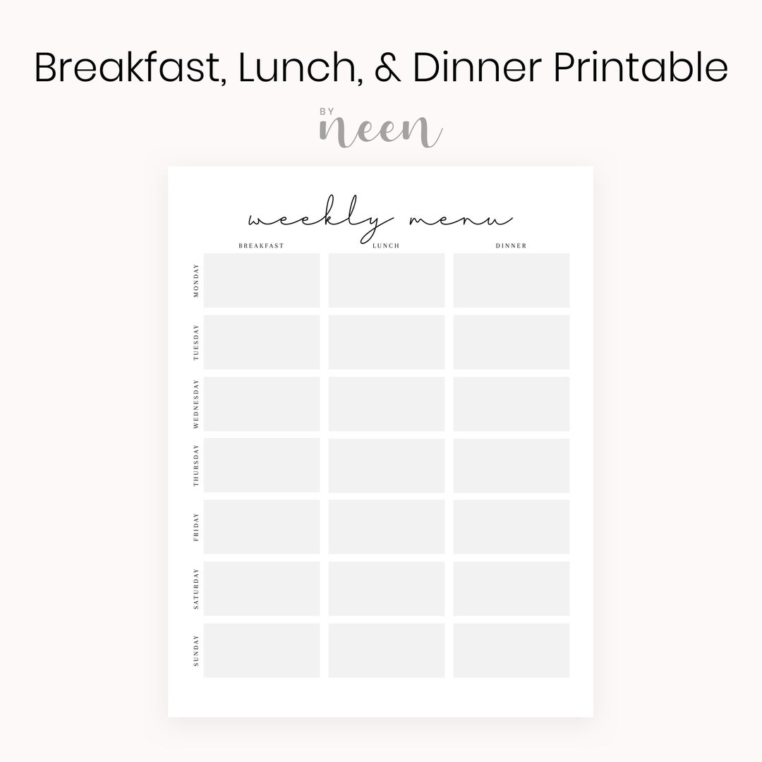 Breakfast, Lunch, and Dinner Menu Worksheet Printable – Minimalist Menu ...