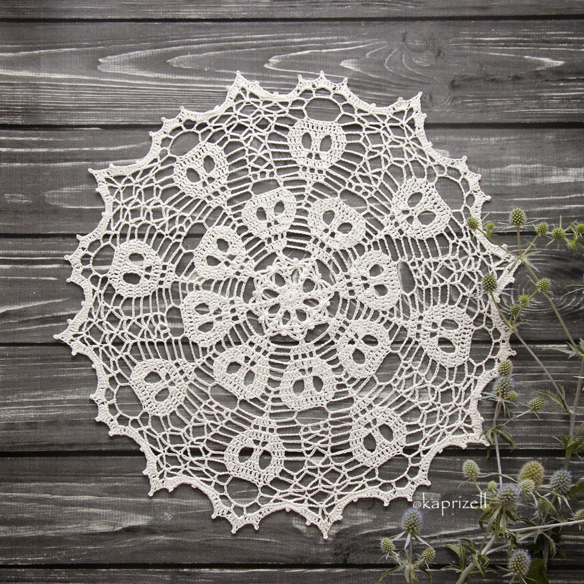 Crocheted doily with skulls. Skull lace doily. Halloween Etsy