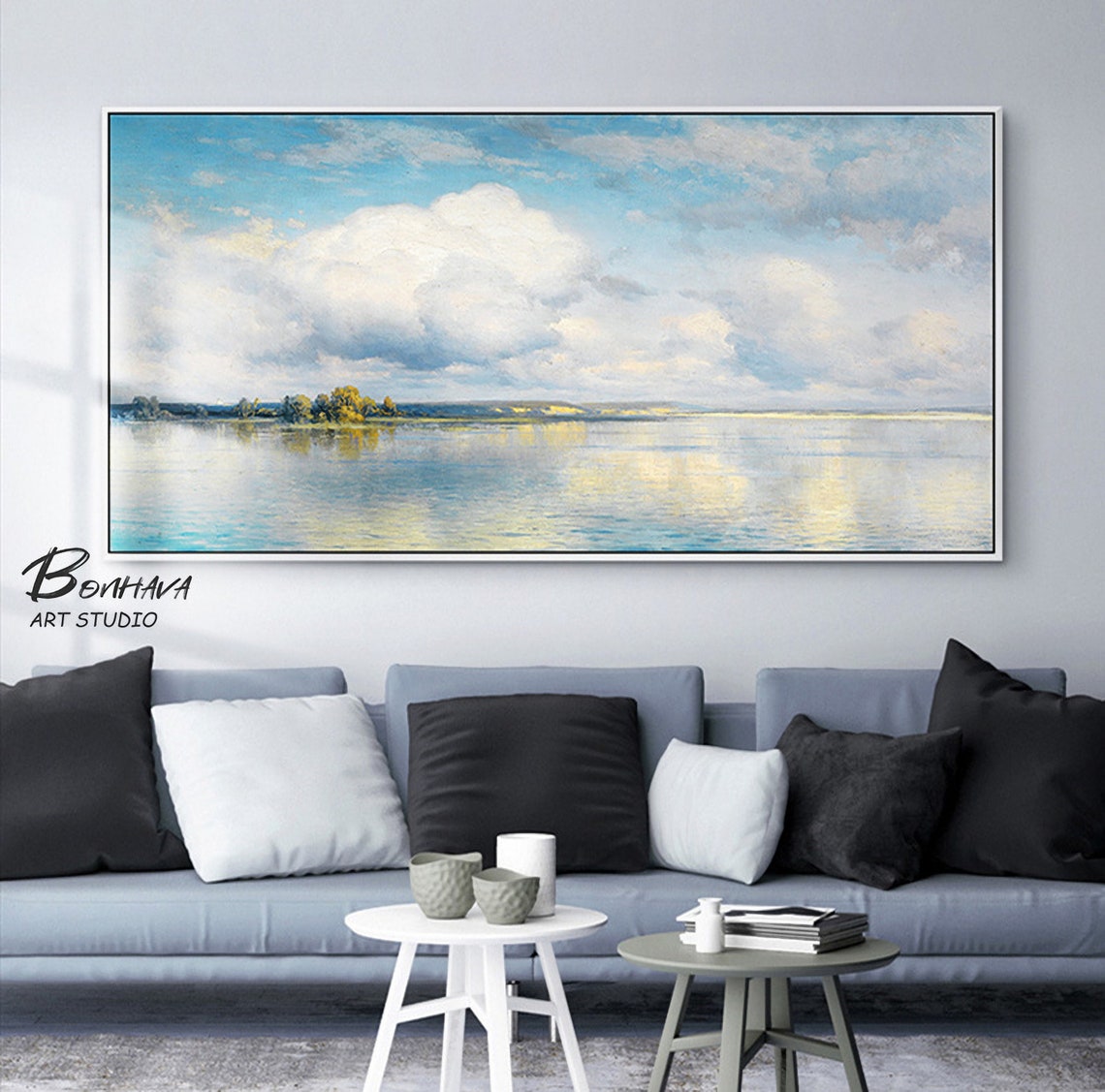 Abstract Canvas Wall Art Oil Painting Blue Sky Lake Natural Etsy