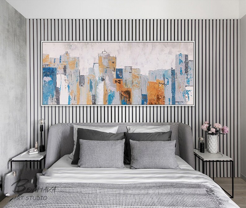Abstract City Canvas Wall Art Blue Cityscape Artwork Etsy