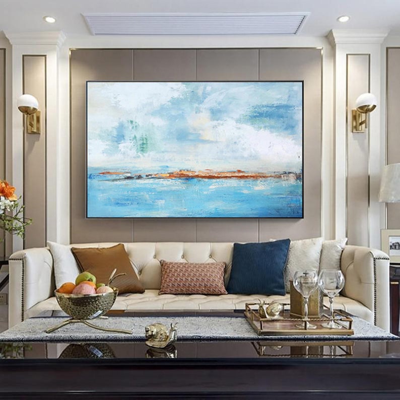 Extra Large Abstract Art Light Blue Ocean and Sky Canvas Wall Etsy