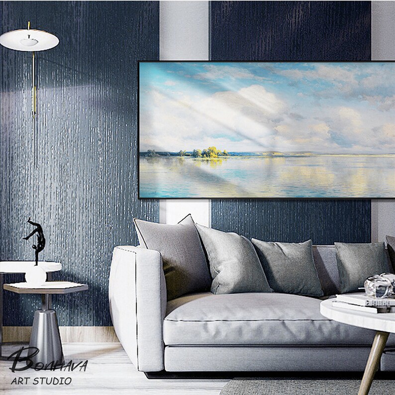Abstract Canvas Wall Art Oil Painting Blue Sky Lake Natural Etsy