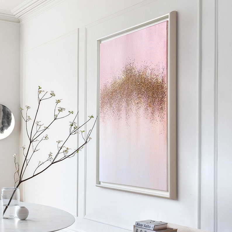 Pink Gold Painting Abstract Glitter Canvas Wall Art Abstract Etsy