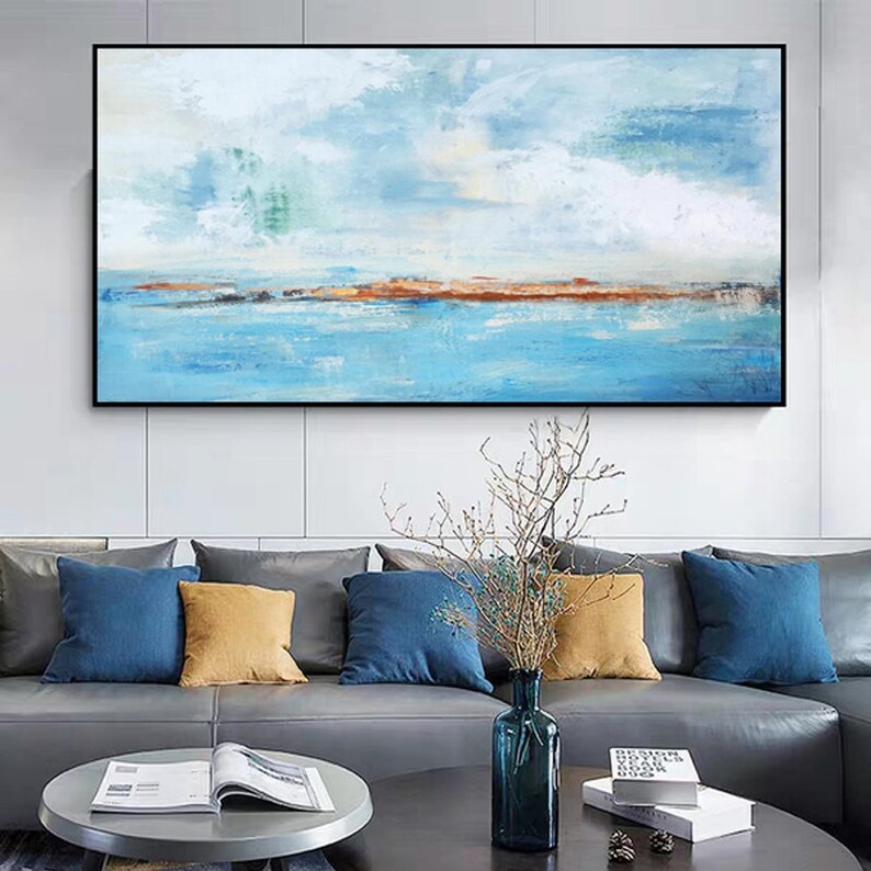 Extra Large Abstract Art Light Blue Ocean and Sky Canvas Wall Etsy