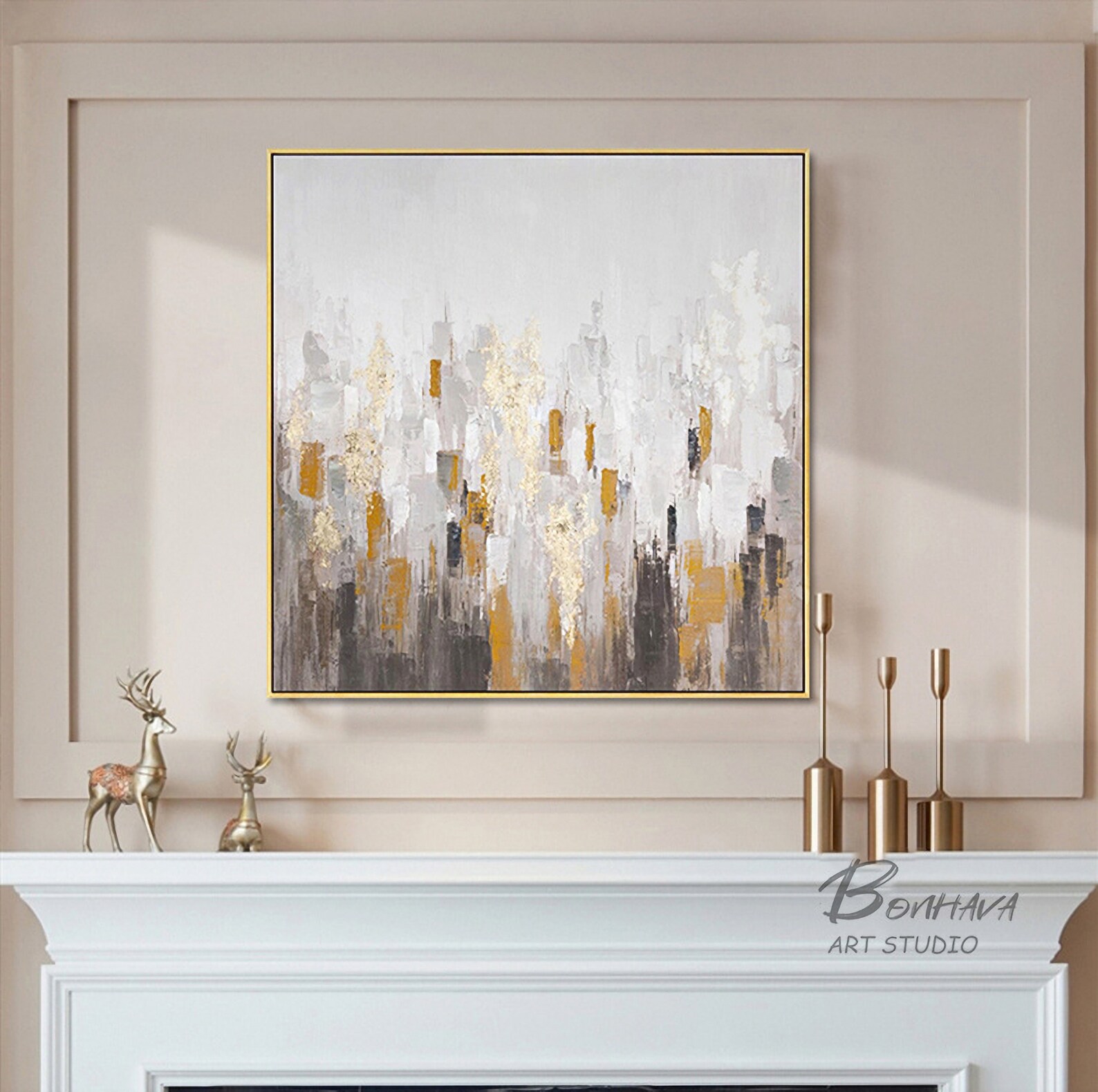 Abstract Golden Canvas Wall Art Modern Painting Hand Painted Etsy UK