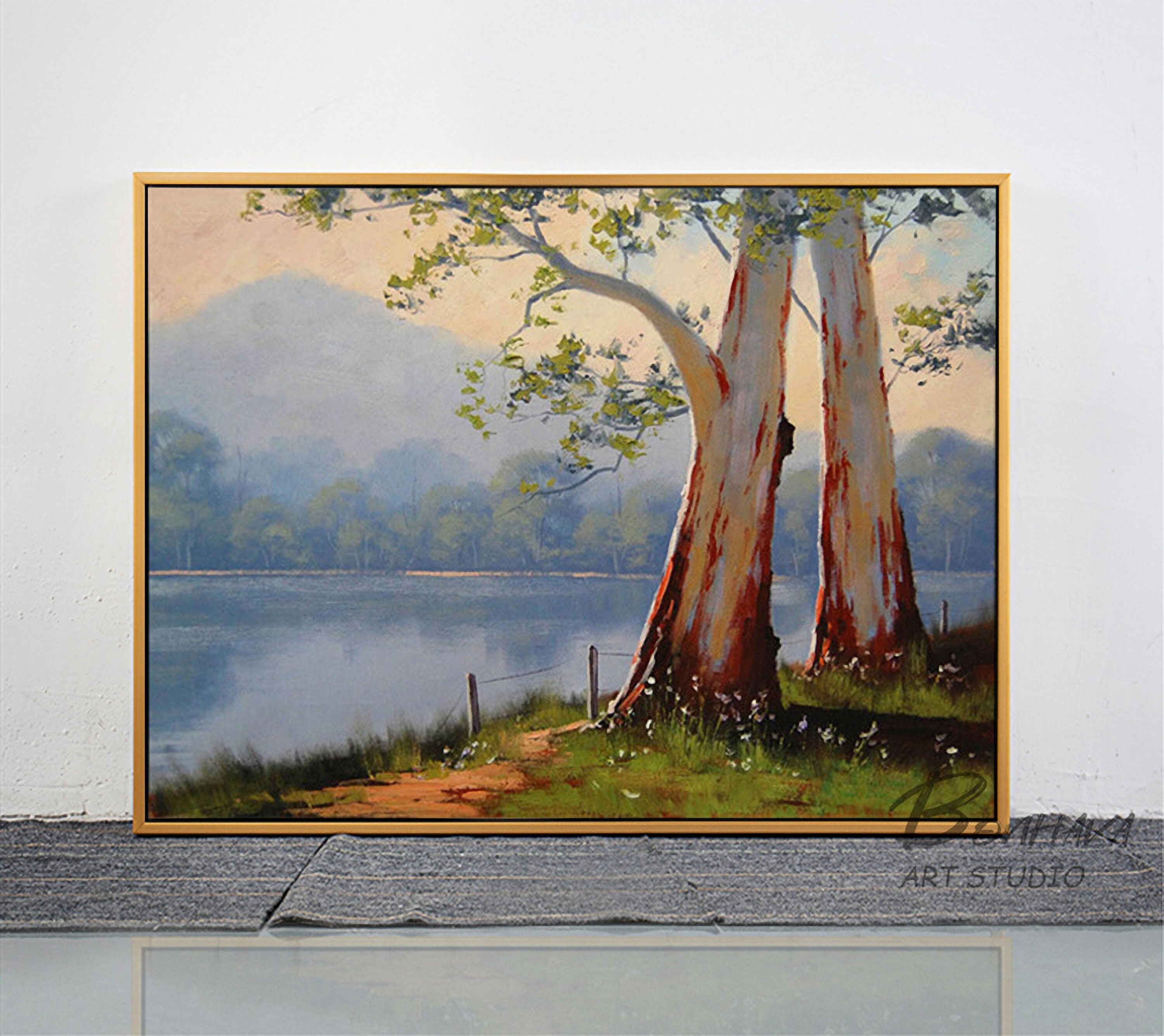 Tree Lake Wall Art Decor Landscape Leaves Forest Canvas Etsy