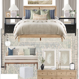 Può includere: Un design di interni per la camera da letto con un letto in legno, una testiera con cuscini blu e verdi e un piumino beige. Due comodini neri con lampade ai lati del letto. Un tappeto, un divano e una cassettiera completano la stanza.