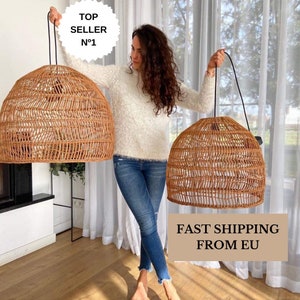 Lampenschirm Hängelampe, Handgemachte Rattanlampe, Korblampe Boho Stil Pendellampe Rattan Aufhängung Rotin Naturlampe Vintage Lampe Bild 1