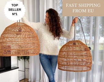 Lampenschirm Hängelampe, Handgemachte Rattanlampe, Korblampe Boho Stil Pendellampe Rattan Aufhängung Rotin Naturlampe Vintage Lampe