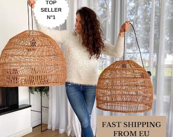 Handmade Rattan Pendant Lamp BELL – Large Boho Ceiling Light, Woven Bamboo Lamp Shade, Natural Hanging Light Fixture