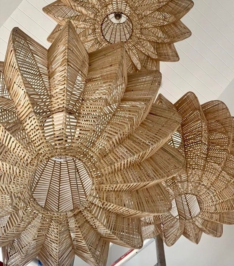 Handgemachte Rattanlampe Korblampe Boho Stil Lampenschirm Pendellampe Rattan Kronleuchter Hängelampe Aufhängung Rotin Naturlampe Vintage Bild 5