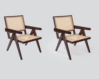 SET OF 2 rattan wooden chairs EASY, Pierre Jeanneret Lounge Chair For Bedroom, Japandi, Armchair, Mid Century, Vintage