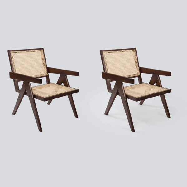 LOT DE 2 chaises bois rotin EASY, Pierre Jeanneret Lounge Chair For Bedroom, Japandi, Armchair, Mid Century, vintage