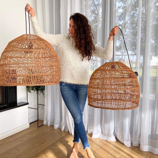 Lampenschirm Hängelampe, Handgemachte Rattanlampe, Korblampe Boho Stil Pendellampe Rattan Aufhängung Rotin Naturlampe Vintage Lampe