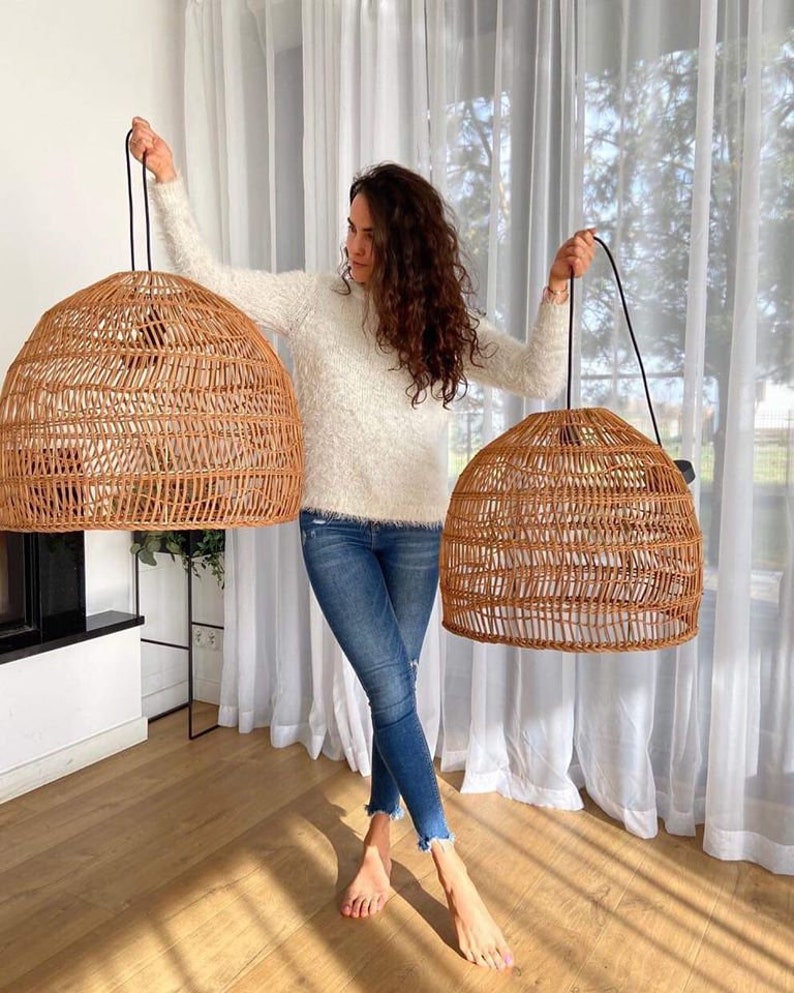 Handgefertigte Rattanlampe GLOCKE Korblampe Boho Stil Lampenschirm Hängelampe Rattan Kronleuchter Hängelampe Aufhängung Rotin Natura Vintage Lampe Bild 2