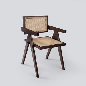 Chaise de salle à manger en rotin, chaise en bois Pierre Jeanneret, chaise de bureau en rotin, meubles vintage du milieu du siècle, chaise en rotin, viennois, Japandi image 1
