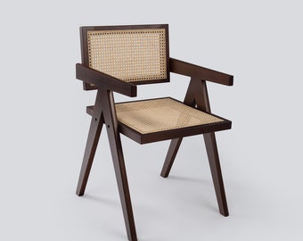 Chaise de salle à manger en rotin, chaise en bois Pierre Jeanneret, chaise de bureau en rotin, meubles vintage du milieu du siècle, chaise en rotin, viennois, Japandi