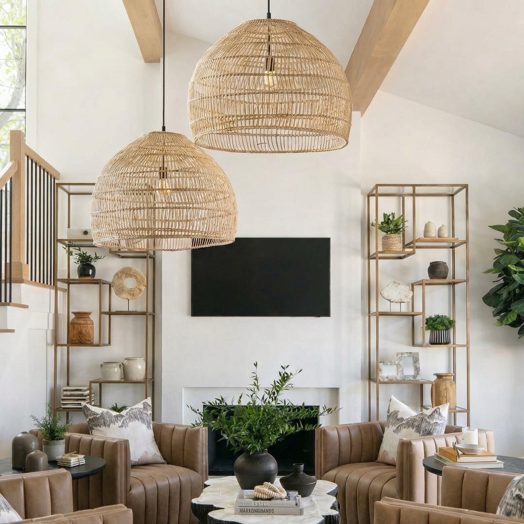 Hoypeyfiy Pendant Classic Paper Rattan Boho Handwoven Wicker Lampshade