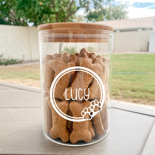 Custom Glass Dog Treat Jar with Paw Prints | Custom Name Glass Container | Customized Dog Treat Container | Glass Jar Bamboo Lid